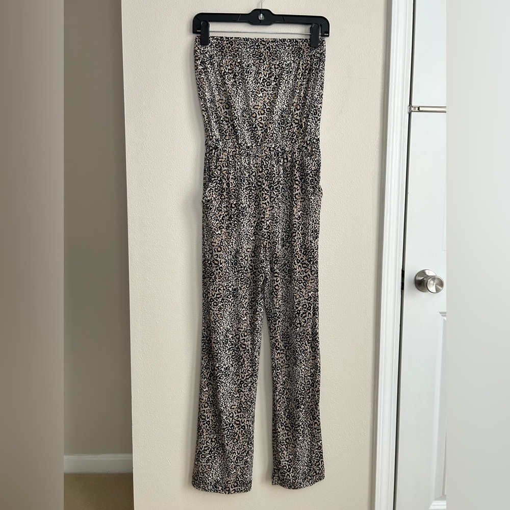 NY Collection Wide Leg Smoked Strapless Jumpsuit One Piece Cheetah Leopard XS
